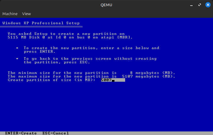 Windows XP Professional Setup: New Partition