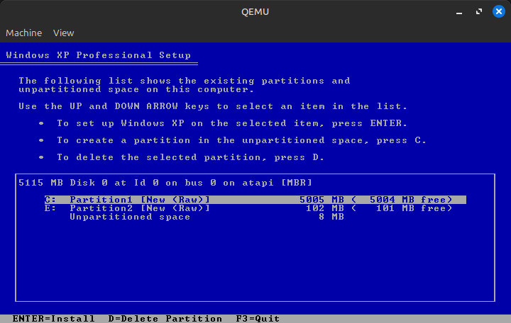 Windows XP Professional Setup: Partition map with 2 partitions, one 5GB and one 100MB