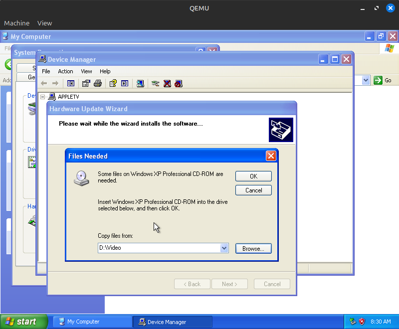 Dialog asking for Windows XP Professional CD-ROM