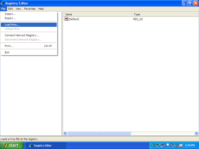 Registry Editor, File -> Load Hive... is selected