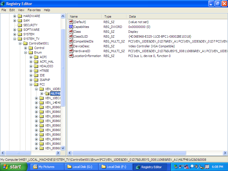Registry editor, before manual enumeration